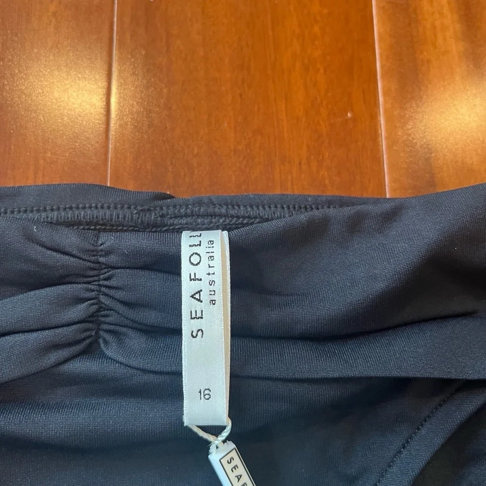 New NWT Seafolly‎ Australia Black Bikini Bottom Ruched Swim Retro Size US 12